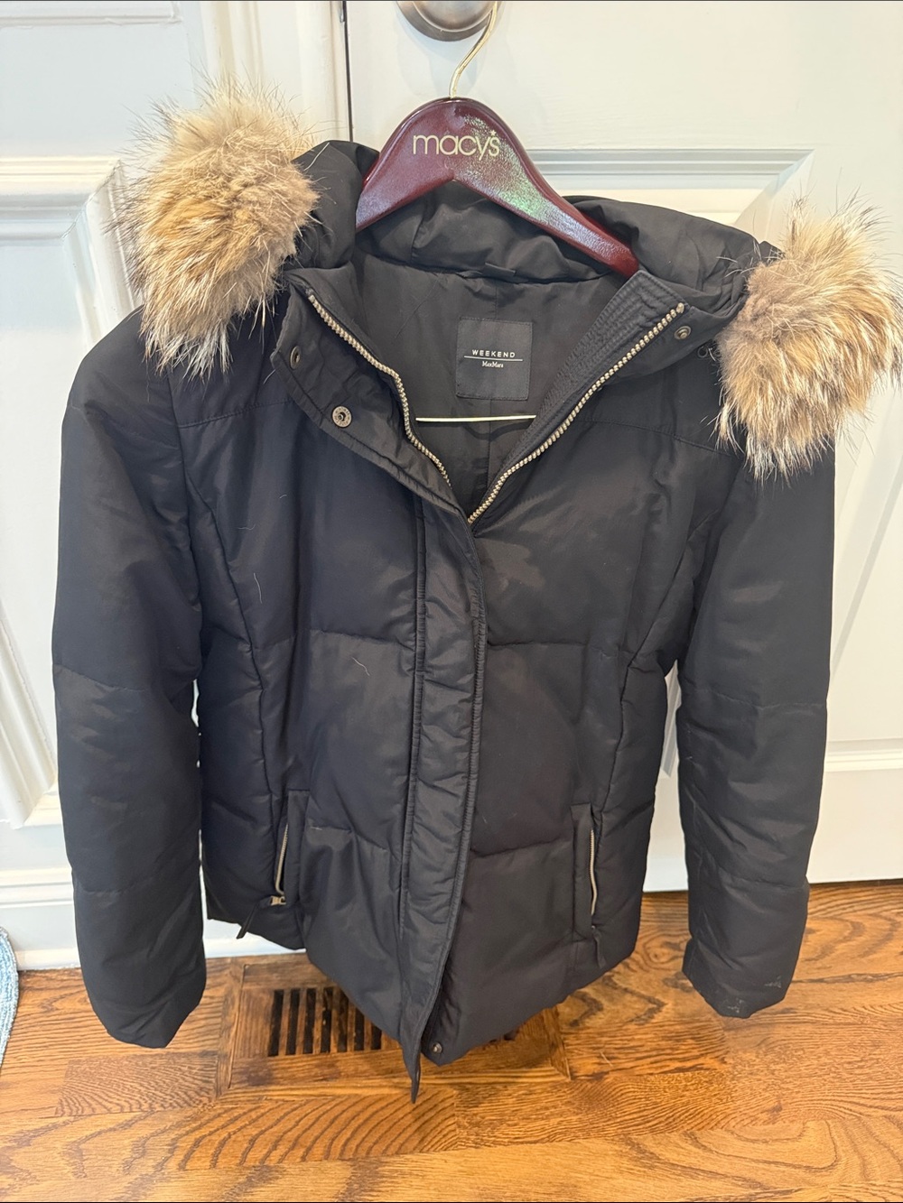 Weekend Max Mara Black Puffer Jacket with Faux Fur-Trim Hood